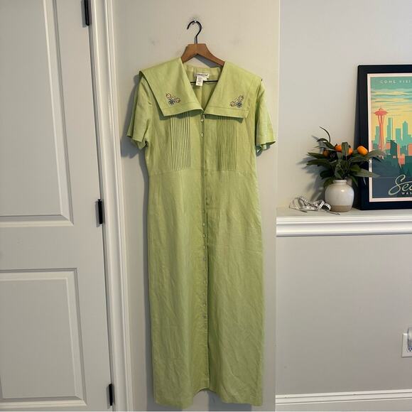 Vintage Coldwater Creek Green Floral Embroidered Shell Button Maxi Dress 12 - Picture 15 of 16